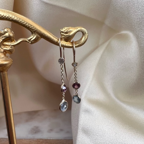 Blue and purple Sapphire and Diamond  Dangle Earrings in 14KYellow Gold 1.0" - Picture 5 of 10